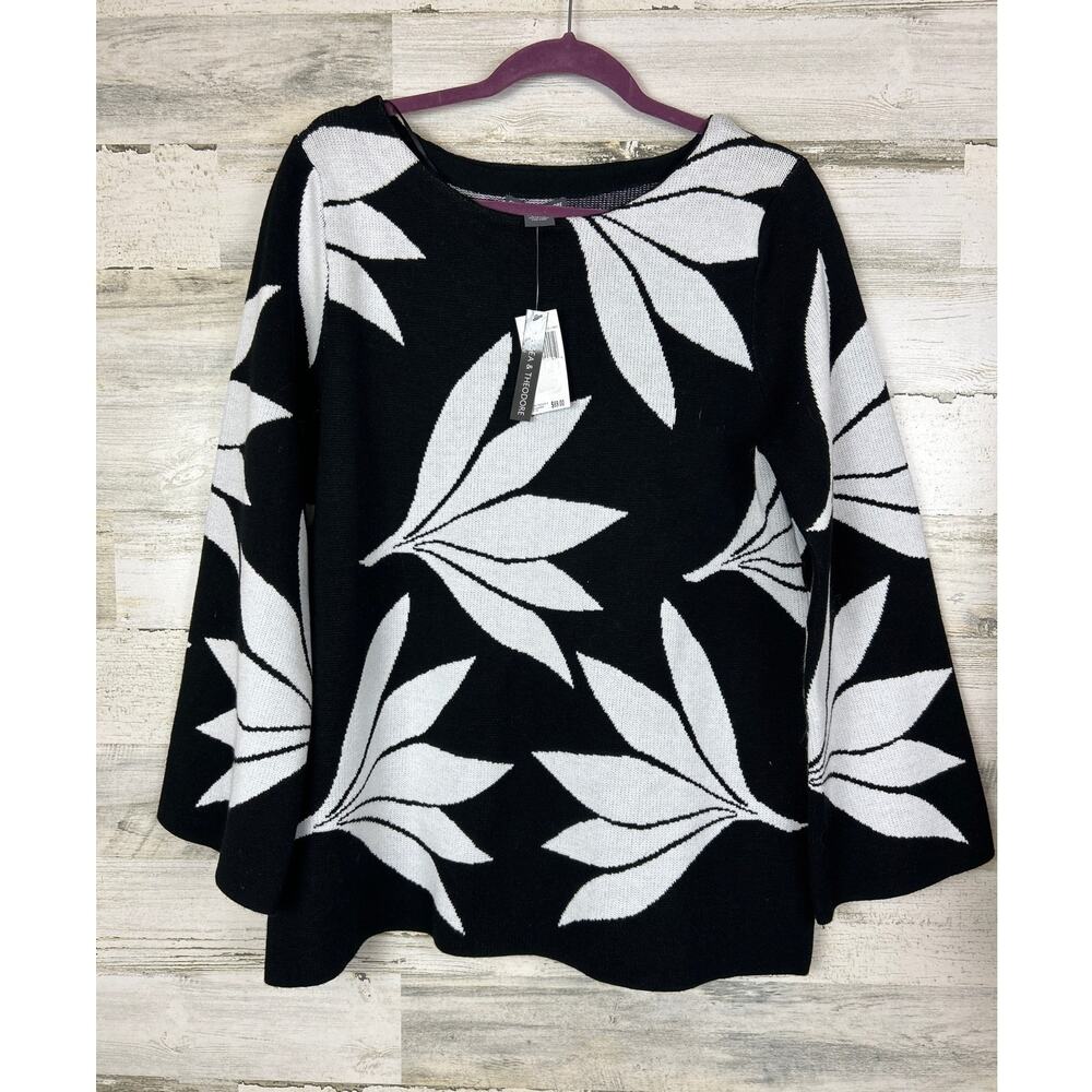 Chelsea & Theodore Womens L Black White Floral 3/4 Wide Sleeve Sweater NWT